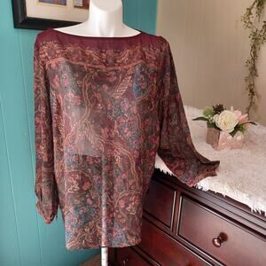 Lauren Ralph Lauren Top Floral Paisley Sheer‎ Unlined Long Sleeve Boat Neck 2X